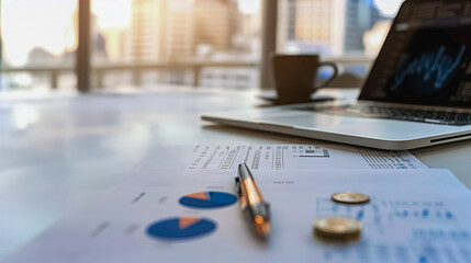 Poster - Financial Workspace: A close-up view of a modern workspace with financial documents, laptop displaying stock charts, coffee cup, and a pen, signifying analysis, and strategic planning.