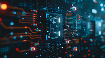 Poster - digital pathways: captivating macro view of a motherboard's intricate circuitry, depicting a symphon
