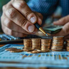 Poster - Coin Stacks & Financial Analysis: Close-up of a hand meticulously arranging coins and financial data, emphasizing precision and monetary strategy, in a realistic image of money management.