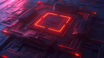 Poster - Futuristic circuit board with glowing red lights and intricate patterns, showcasing technology