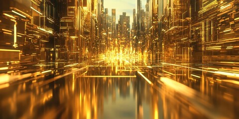 Poster - Gleaming futuristic city architecture with golden illuminated lights in view
