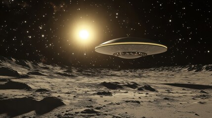 Poster - A futuristic spaceship hovers above a barren alien planet surface