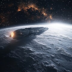 Poster - A futuristic spaceship travels above a textured alien planet surface