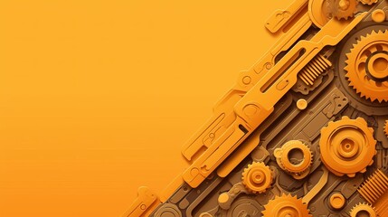 Poster - Abstract orange background featuring intricate gears and mechanical elements in a dynamic layout