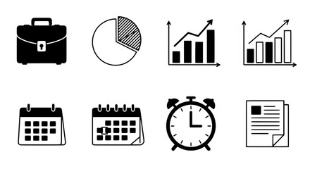 Poster - Business Icon Set: A set of business icons, including briefcase, pie chart, growing graphs, calendar, and clock, perfect for illustrating concepts related to business and finance.