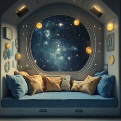 Poster - Cozy space ship interior with large circular window overlooking stars