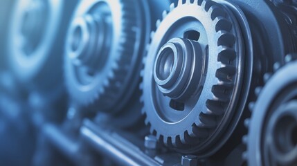 Poster - Close-up view of interlocking metal gears in a machinery setting with a blue tint background