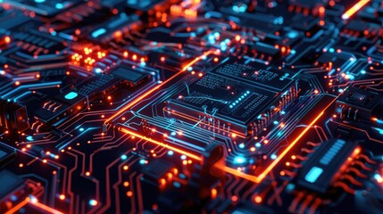 Poster - This dynamic image showcases a close-up view of a vibrant circuit board, featuring electric blue and red details highlighting intricate connections and microchips.
