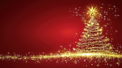 Wall Mural - golden christmas tree with glowing star on red background surrounded by twinkling lights and sparkle