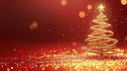 Wall Mural - golden christmas tree with star on red glitter background and snowfall, symbolizing festive elegance
