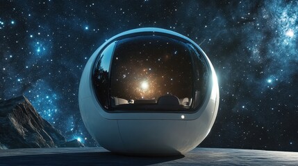 Poster - A futuristic spherical spacecraft offering a view of the cosmos