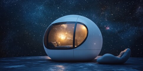 Poster - Futuristic sleeping pod in space featuring a starry night sky