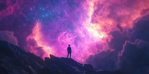 Wall Mural - A human figure stands gazing at the colorful cosmic expanse above