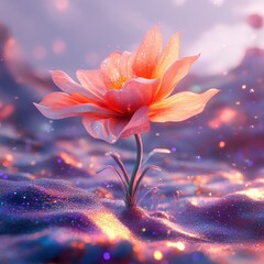 Poster - A single iridescent flower stands in a glittery dreamy landscape