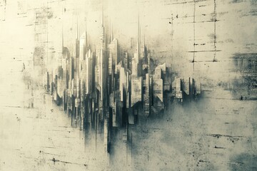 Poster - Abstract artwork of cityscape buildings integrated on a distressed wall