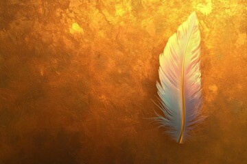 Poster - A Single Elegant Feather Resting Against a Golden Textured Background