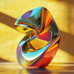 Poster - A shiny abstract colorful sculpture sits against a yellow wall