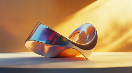 Poster - An abstract sculpture of swirling reflective metal is shown