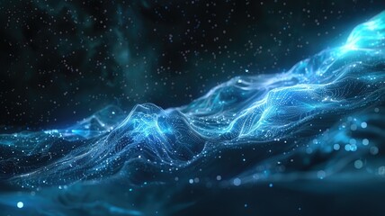 Poster - Abstract blue glowing wireframe waves on a dark background. Digital art for design of global connection with glowing blue dots and line connecting together. Global communication. Innovation. AIG53.