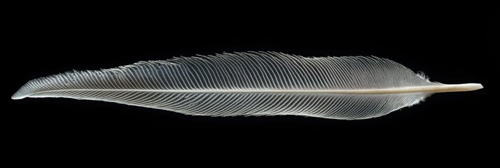 Wall Mural - Close-up detail of a delicate white feather on black background highlighting texture