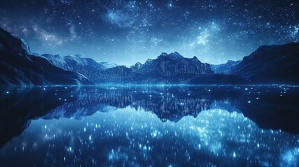 Wall Mural - night sky reflected on tranquil lake surrounded by mountains and city lights