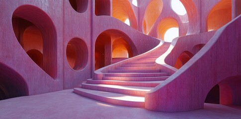 Poster - Pink architectural design features a flowing staircase with curving walls