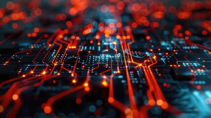 Poster - Vibrant color circuit board with detailed lines and patterns on a dark background. Digital art for design. Abstract image of wireframe or motherboard with glowing color with electronic parts. AIG53.