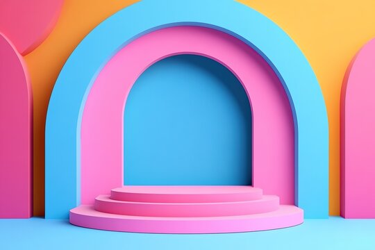 Colorful geometric background with paper-cut shapes, in vibrant pink and blue hues,