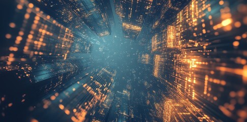 Poster - A high angle perspective of a glowing urban cityscape at night