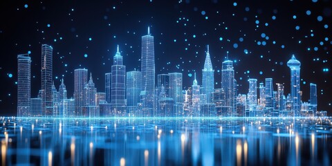 Poster - A futuristic cityscape rendered with digital glowing lines and points