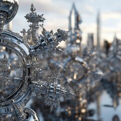 Poster - Complex geometric metallic structures appear against a blurred background setting