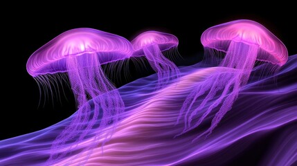 Poster - Three glowing purple jellyfish swim above a dark wave surface