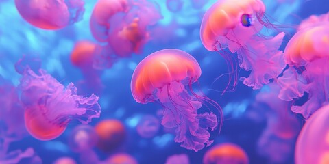 Poster - Many translucent jellyfish drift freely within a bright blue ocean scene