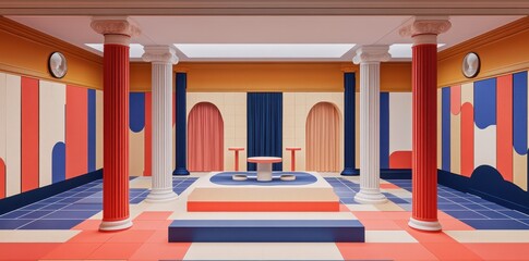 Poster - Colorful interior design showcases pillars and vibrant geometric patterns throughout the room