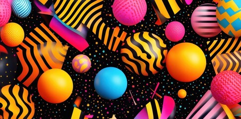 Poster - Colorful spheres and shapes float against a black background filled with stars