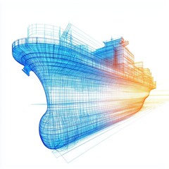Poster - Futuristic Cargo Ship Concept with AI Optimized Logistic Routes in Digital Wireframe Design