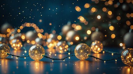 holiday illumination and decoration concept - christmas garland bokeh lights over dark blue background 