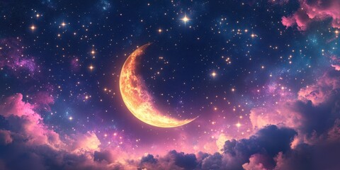Wall Mural - A beautiful crescent moon shines among the starry night sky