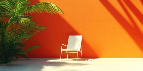 Poster - A white chair is near green plants and an orange wall