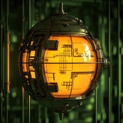Poster - A futuristic metallic orb is glowing with orange circuitry inside