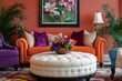 © li - Stylish living room with a round ottoman, fresh floral arrangements, and colorful decor, creating a lively yet cozy atmosphere. Home decor and mock up poster frame.