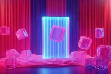 Poster - Ice cubes float near a neon light illuminated curtain backdrop