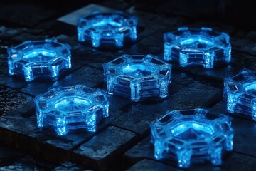 Poster - Several luminous glowing hexagonal objects are placed on a dark surface