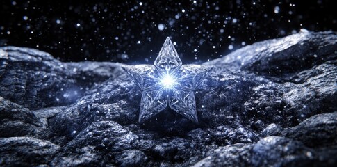 Poster - A glowing crystalline star rests upon a rocky textured surface