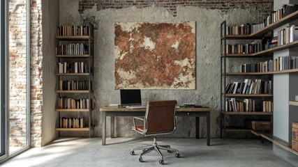 Poster - Modern Loft Office With Stylish Furniture and Unique Wall Decor Generative AI