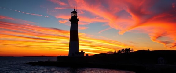 Wall Mural - crisp point lighthouse silhouetted against a vibrant sunset sky, horizon, photography