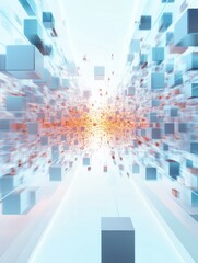 Leinwandbilder - Abstract 3D digital cube tunnel with dynamic light effects. Blue and gray cubes form futuristic technology scene, creating immersive geometric visual experience.