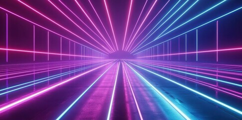 Poster - A futuristic tunnel made of neon lines with purple and blue lights