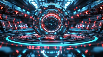 Poster - Futuristic science fiction sphere sits inside advanced technological structure