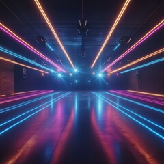 Poster - Colorful neon lines illuminate an empty interior room with reflections